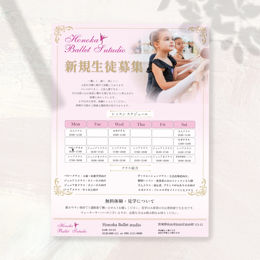 バレエ教室や音楽教室など！♡習い事のチラシ作ります 女性向けの可愛く品のあるチラシをオーダーメイドで作ります！ イメージ1