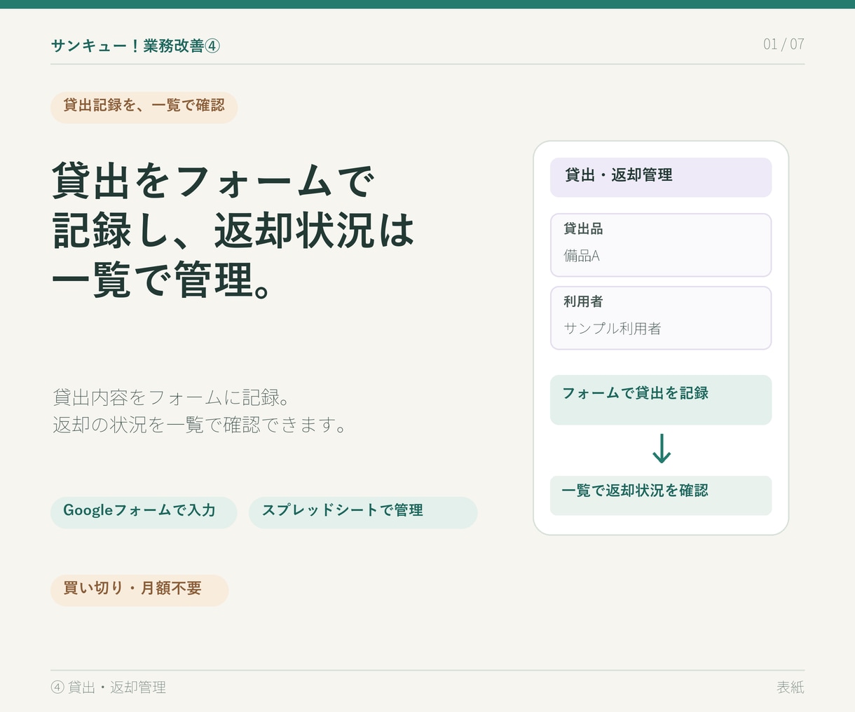 サンキュー業務改善④貸出返却を管理します 貸出をフォームで記録し、返却状況を一覧で確認できます。 イメージ1