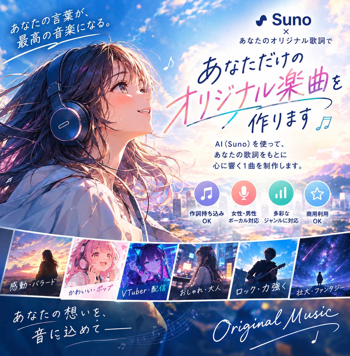 あなたの歌詞を「曲」にします 【商用可】歌詞にSunoで曲をつけます イメージ1