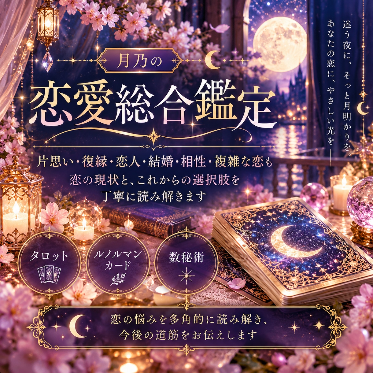 恋愛のお悩みを総合的に鑑定しまます 片思い・復縁・交際・結婚まで、恋の行方を丁寧に読み解く イメージ1