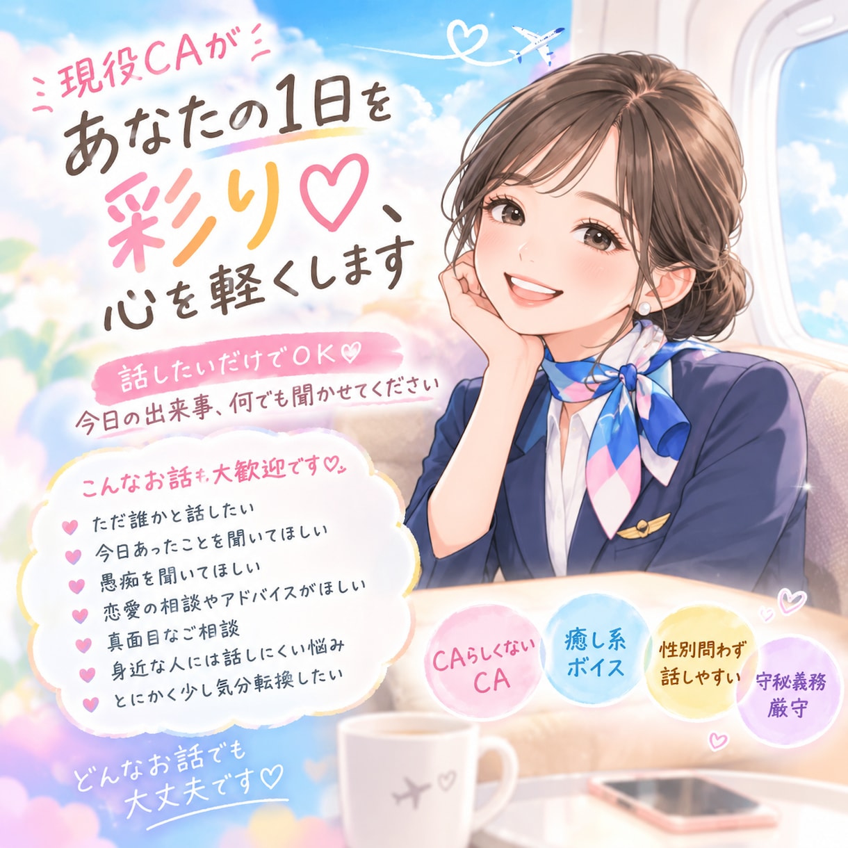 現役CA✈️があなたの1日を彩り、 心を軽くします 話したいだけでOK♡今日の出来事、何でも聞かせてください✈️ イメージ1