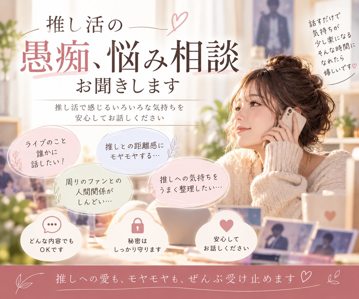 推し活の愚痴や悩みモヤモヤを優しくお聞きしますます 推しは大好き！でも疲れた…そんな本音も聞かせてください イメージ1