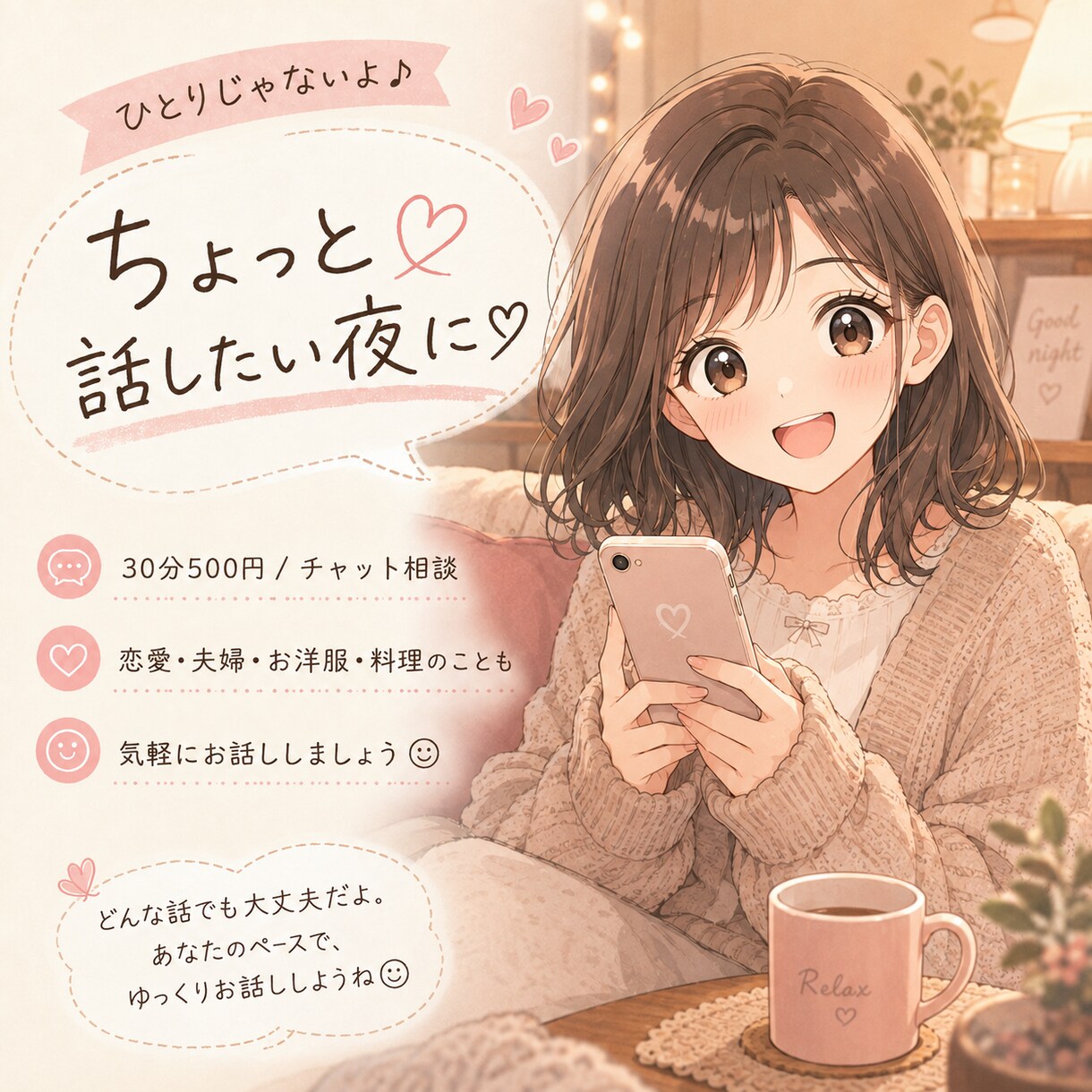 恋愛・夫婦・人間関係、夜にゆっくりお話し聞きます 夜のすきま時間に、ゆっくりお話ししませんか？ イメージ1