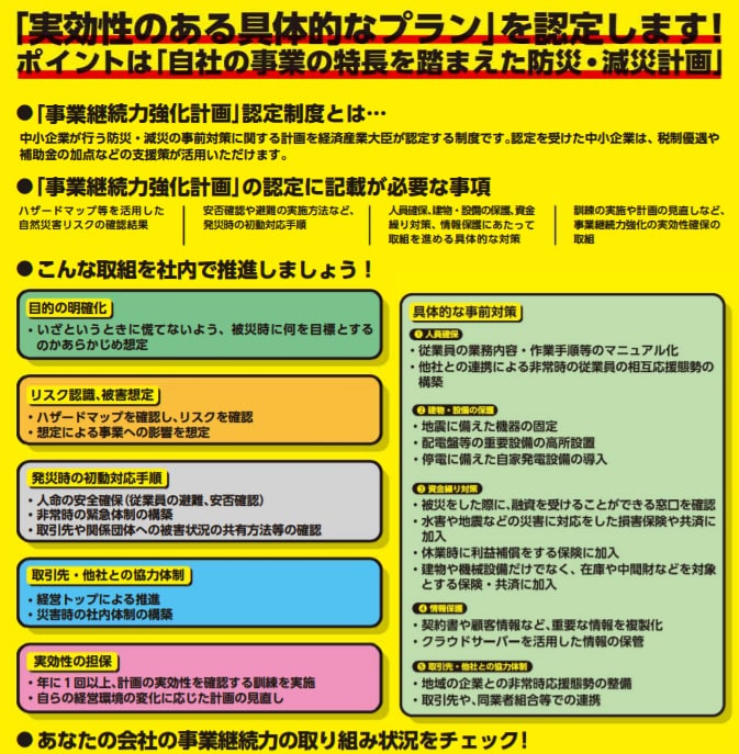 補助金加点等のため【事業継続力強化計画】策定します 災害対応は平時の準備が大切！※BCP実践促進助成金の申請要件 イメージ4