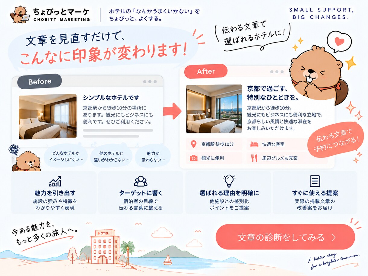 ホテル・宿泊施設のOTA掲載文章を診断します その文章で魅力伝わってる？埋もれている施設の魅力を見つけます イメージ3