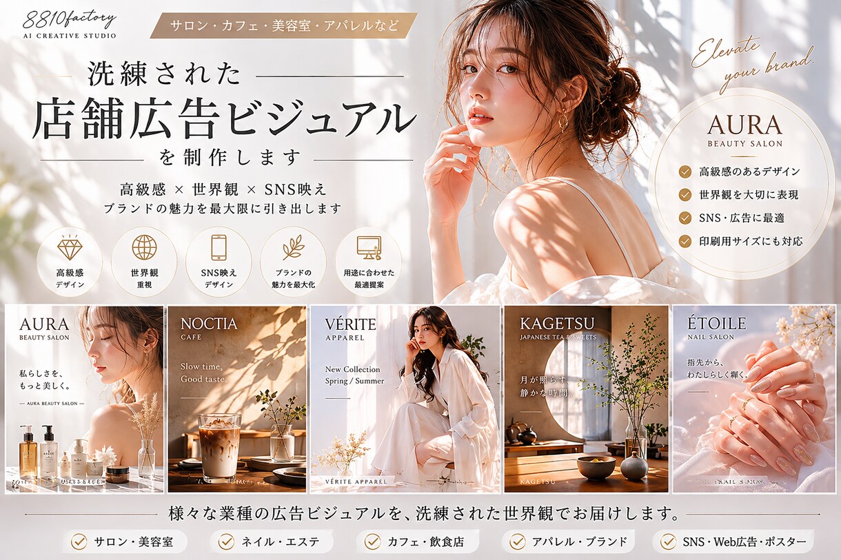 洗練された店舗広告ビジュアルを制作しますます 高級感と世界観でブランド価値を高めます イメージ1
