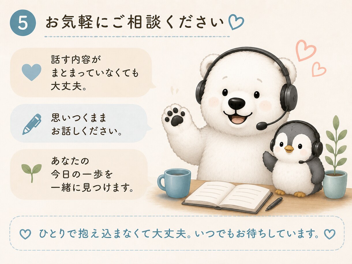 頭の中を整理して今日の一歩を見つけます ひとりで抱え込まなくて大丈夫。一緒に整理します。 イメージ3