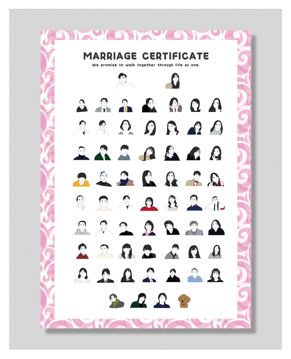 ゲスト様と作り上げる似顔絵結婚証明書を作成します ゲスト様が似顔絵にサインして完成する似顔絵入りの結婚証明書 イメージ1