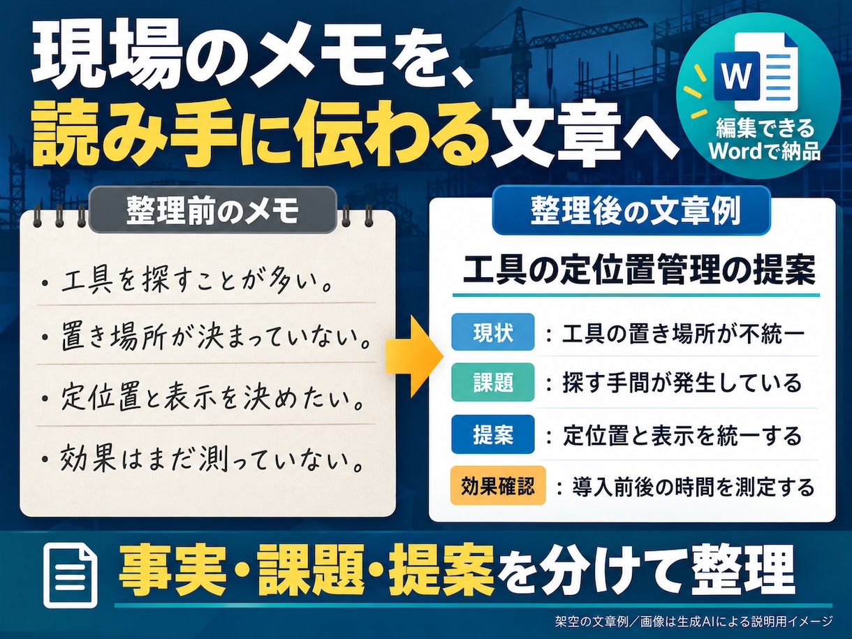 現場の報告書・改善提案を伝わる文章に整えます 工事・検査・品質管理の実務経験を活かして整理 イメージ2