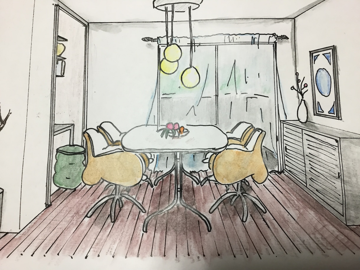 家具配置も依頼OK！手書インテリアパース描きます マーカー水彩鉛筆でインテリアコーディネーターが描く室内パース イメージ2