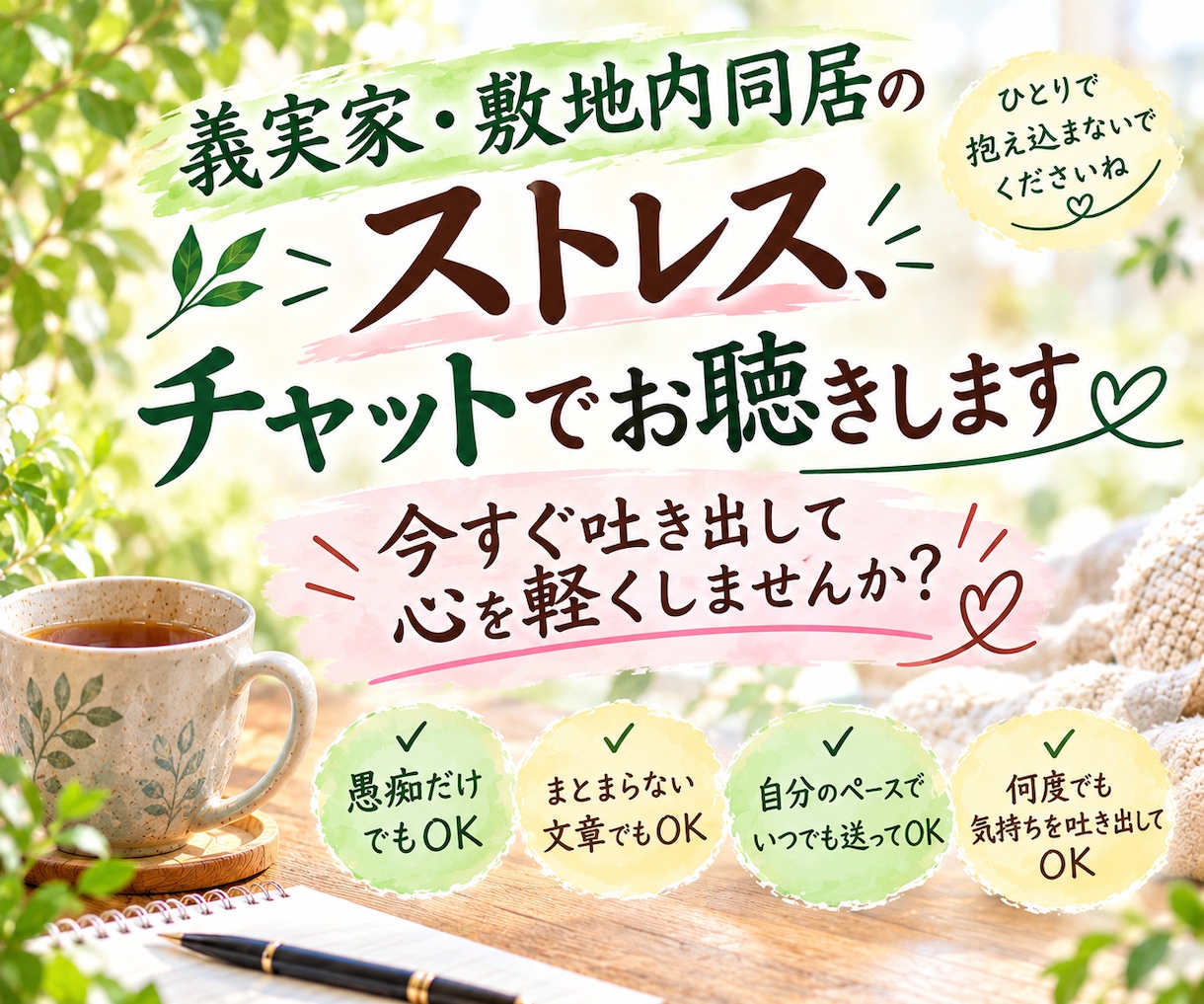 義実家・敷地内同居のストレス、チャットで聴きます 溜め込んだそのモヤモ…、今すぐ吐き出して心を軽くしませんか？ イメージ1