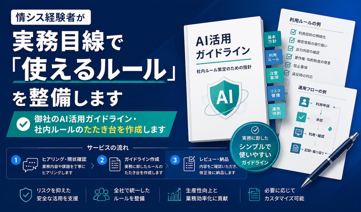 AI活用ガイドライン・社内ルールたたき台作成します 情シス経験者が実務目線で「使えるルール」を整備します イメージ1
