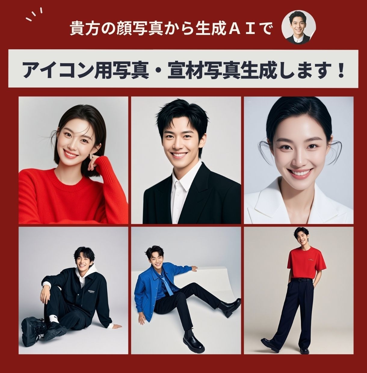 あなたの顔写真から、AIで宣材写真を生成します 宣材写真として使える素材をスピーディーに作成します。 イメージ1