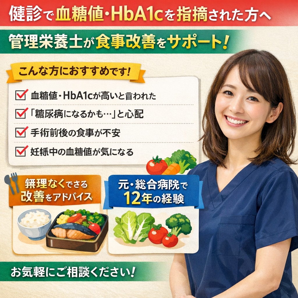 初回　健診で指摘された方！食事相談にのります 管理栄養士×糖尿病療養指導士が栄養相談に応じます イメージ1