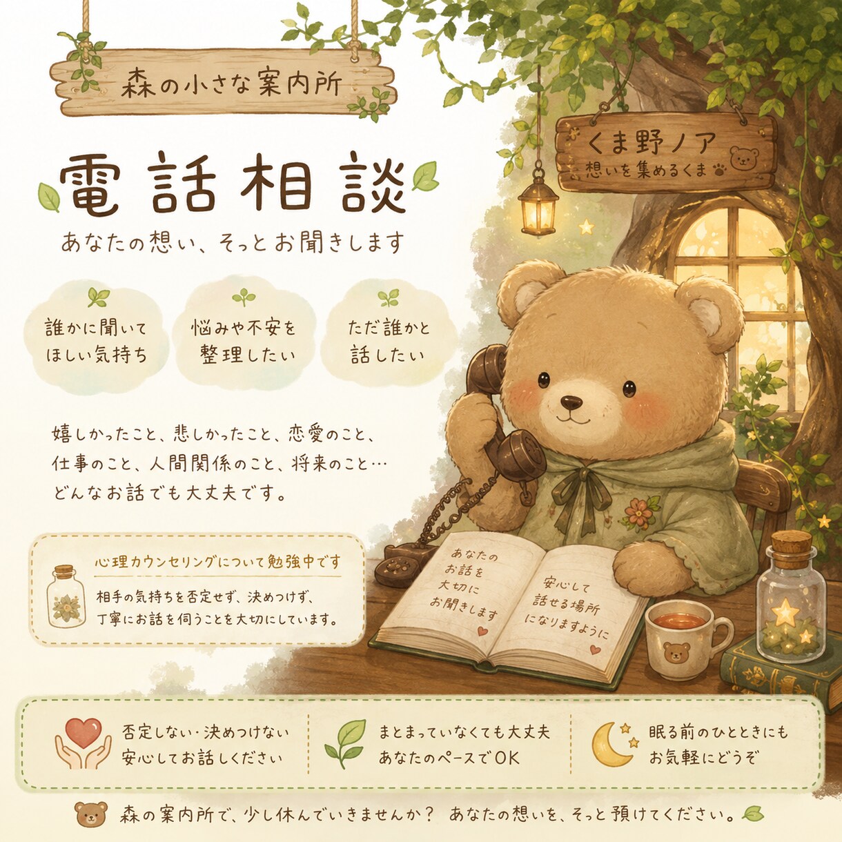 森の小さな案内所｜あなたの想いをそっとお聞きします 誰かに話したい気持ちをそっと預けてください｜悩み・恋愛・雑談 イメージ1