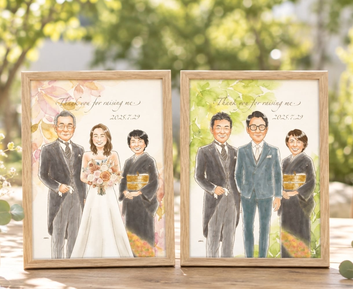 両親贈呈品に優しい似顔絵お届けます 似顔絵オーダー｜両家セット｜子育て感謝状｜結婚式の感謝状 イメージ1