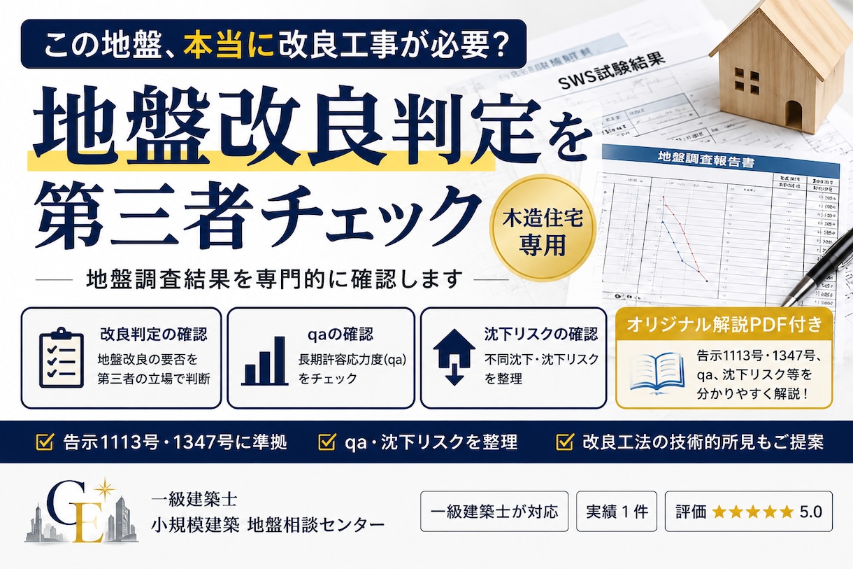木造住宅の地盤改良判定を第三者チェックします 告示1113号・1347号、qa、沈下リスクを整理します イメージ1