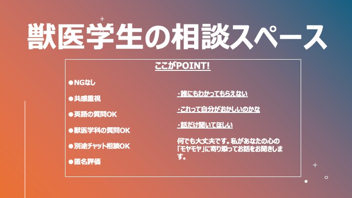 獣医学生があなたの心の「モヤモヤ」に寄り添います 「誰もわかってくれない」あなただけのモヤモヤ、聞きたいです イメージ1