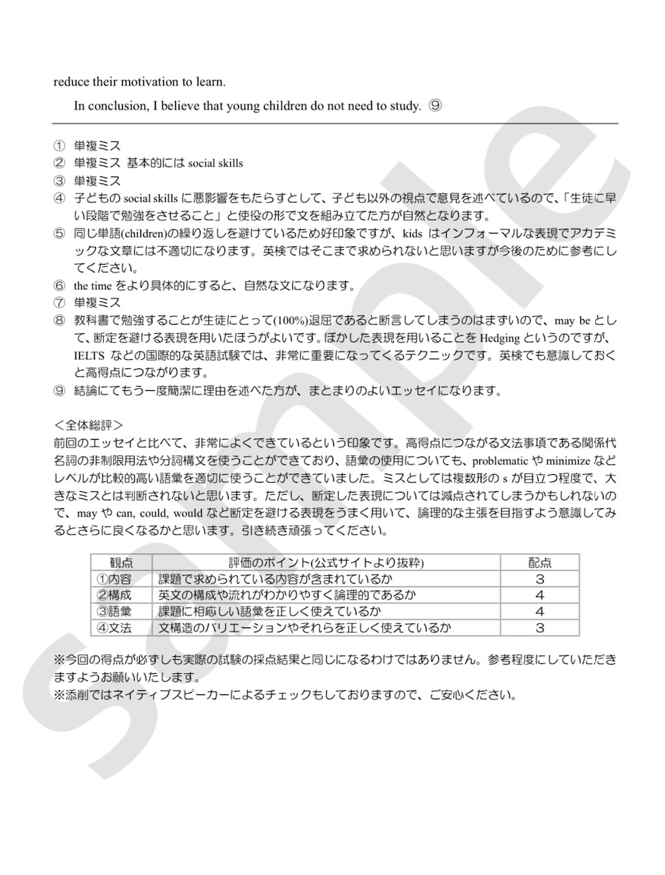 英検1級講師が英検ライティングをサポートします あなたの英作文を丁寧に添削（解説+観点別評価付き）します。 イメージ3