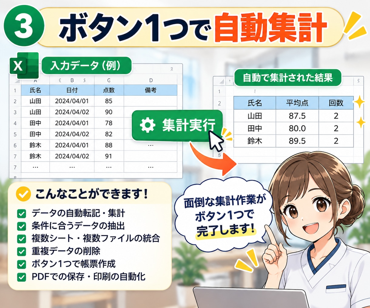 医療・介護・リハビリのExcel業務を自動化します 現場の面倒な集計・転記・帳票作成を効率化します イメージ3