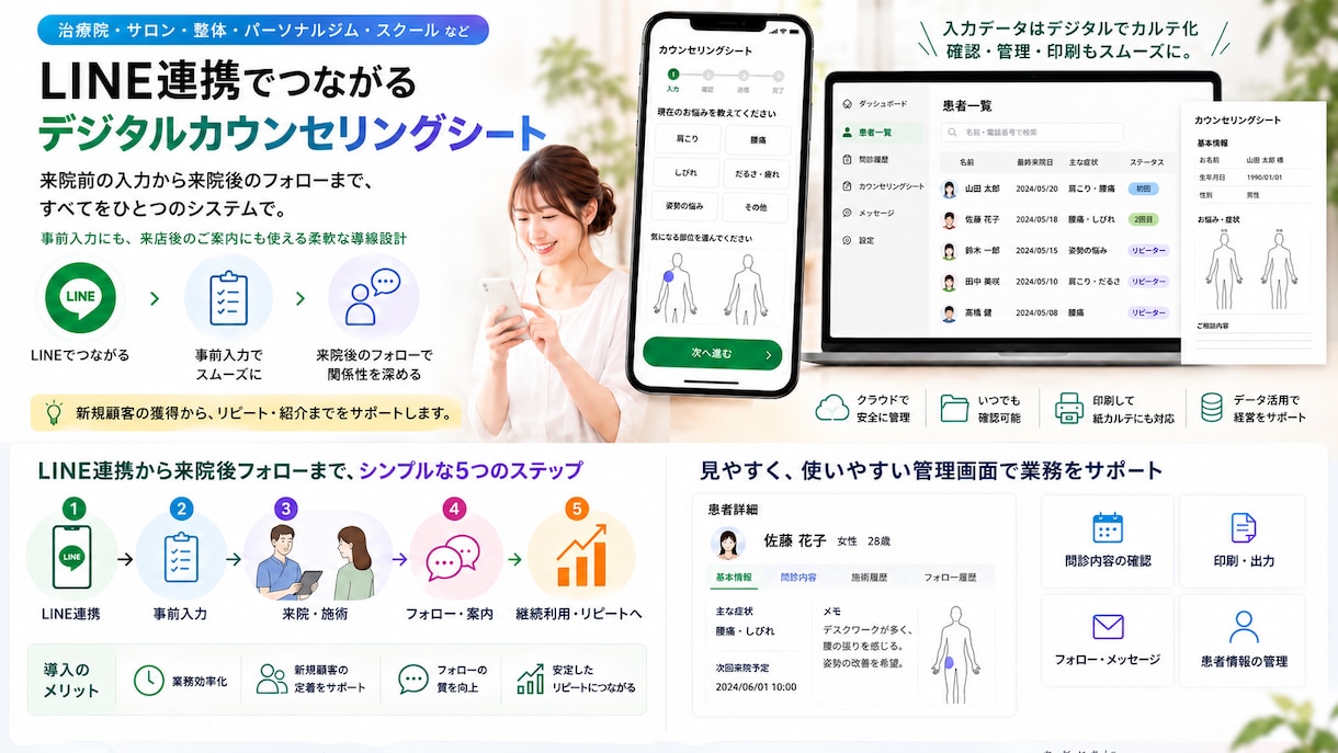 LINE連携カウンセリングシステムを作ります スマホ入力・顧客管理・印刷・LINE導線まで一体化 イメージ1