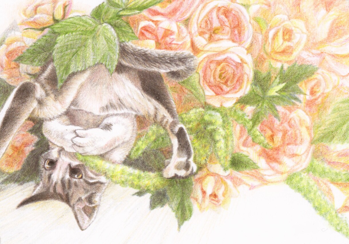 ペットの似顔絵をお好きなお花と共にお描きします 原画郵送！/ハガキサイズから/額縁付き/お花と動物 イメージ3