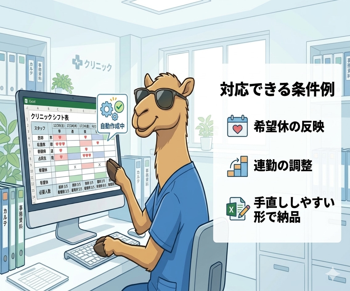 クリニックのシフト表を自動作成します 希望休や必要人数を考慮したシフト表を作成 イメージ3