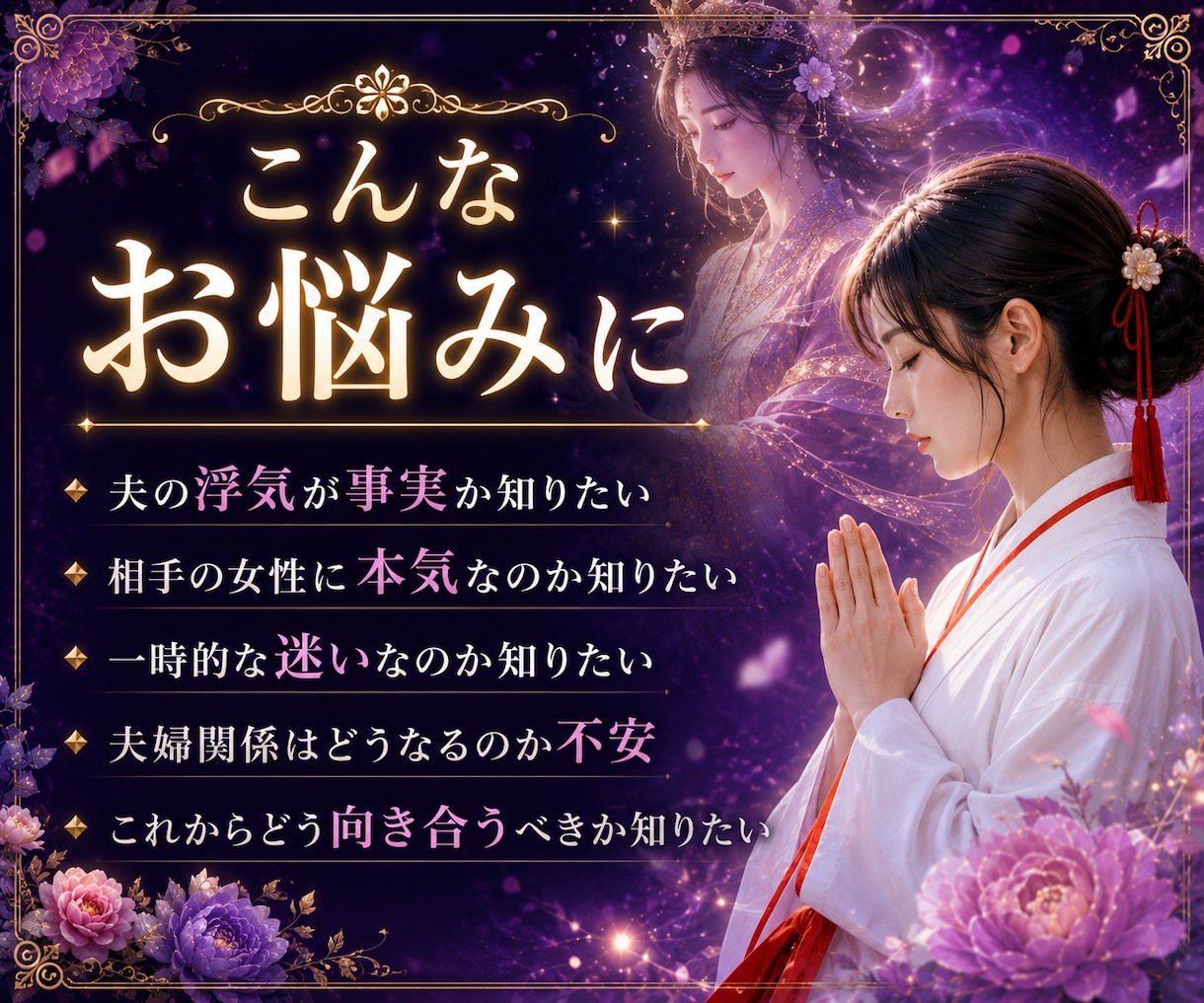 夫の浮気と本音を霊視します 本気か一時的か、夫婦関係の今後を読み解きます イメージ2