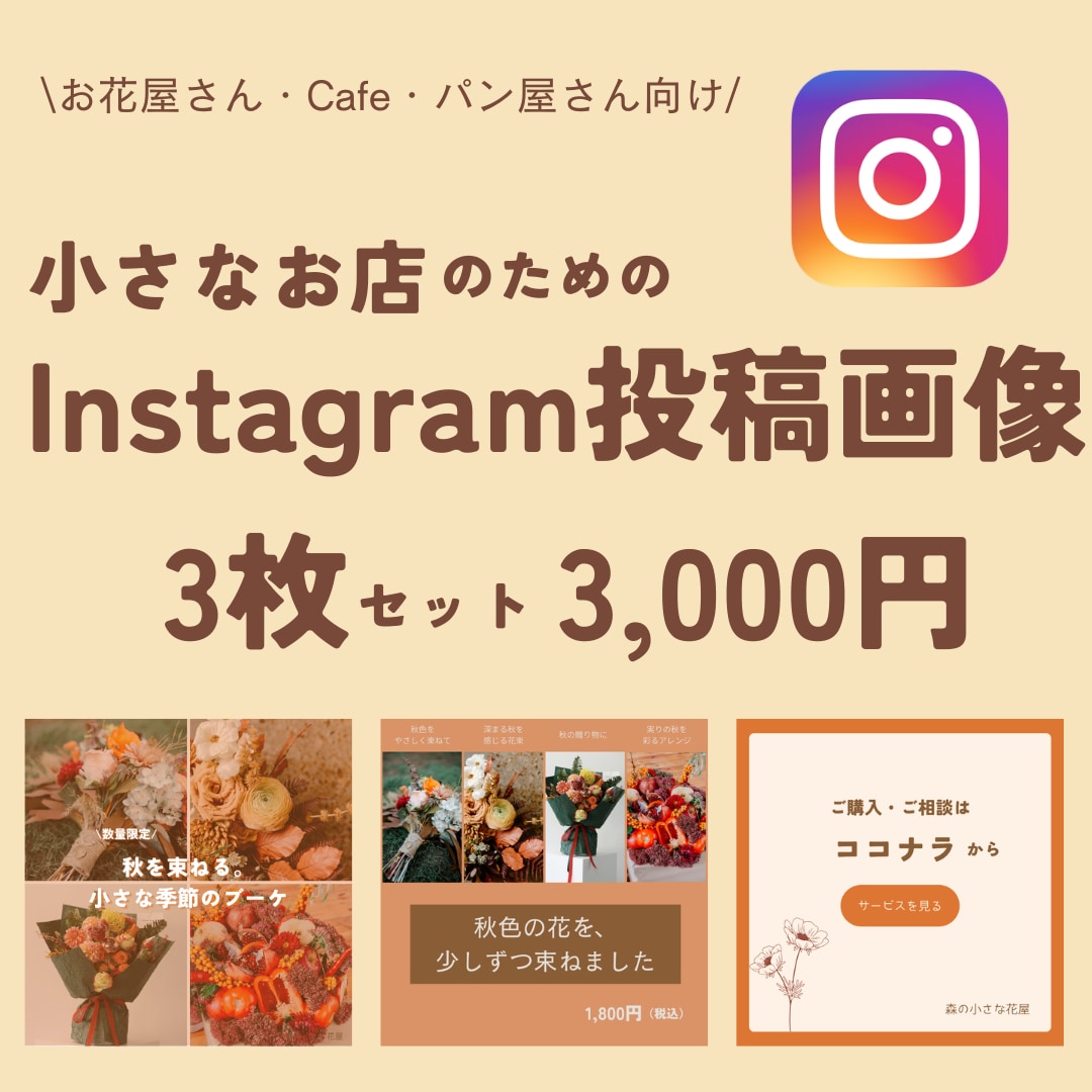 小さなお店のInstagram投稿を3枚作ります ご希望の方には、Canva編集リンク付きで納品します イメージ1