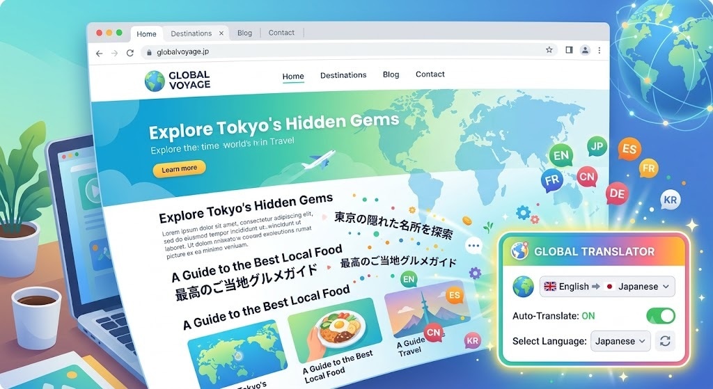 ウェブサイトを動的に自動翻訳機能を導入します インバウンド訪日客に対応。サイトが自動で多言語に変わります イメージ1