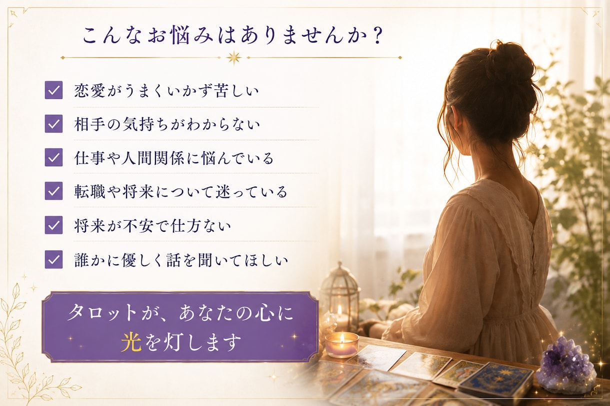 特典あり！一人で抱え込む悩みに寄り添い鑑定します タロット占いで運勢の流れと前向きになれるアドバイスを伝えます イメージ2