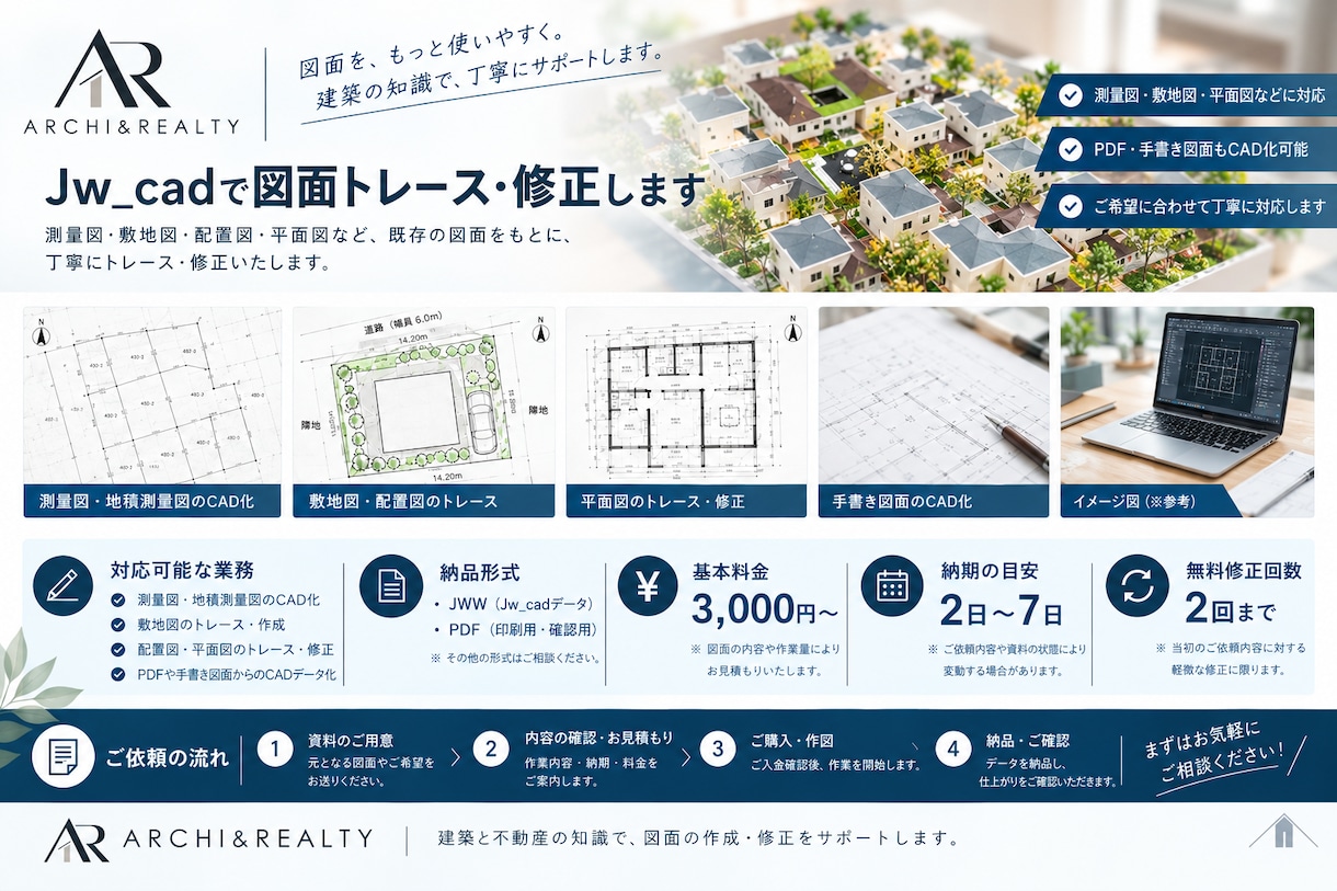 Jw_cadで図面トレース・修正します 測量図・敷地図・平面図など丁寧に作図 イメージ1