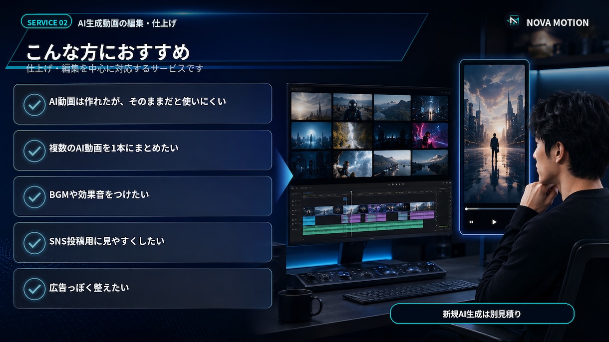 AI生成動画を広告・SNS向けに編集します BGM・SE・テロップを加えて完成動画に仕上げます イメージ2
