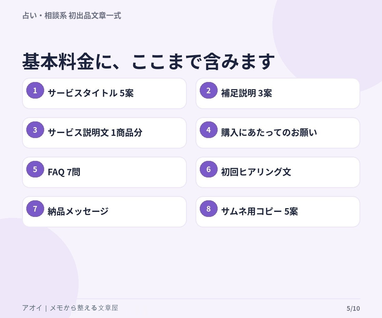 占い・相談サービスの初出品文章を一式作成します 箇条書きから商品説明・FAQ・購入後の文章まで整えます イメージ4
