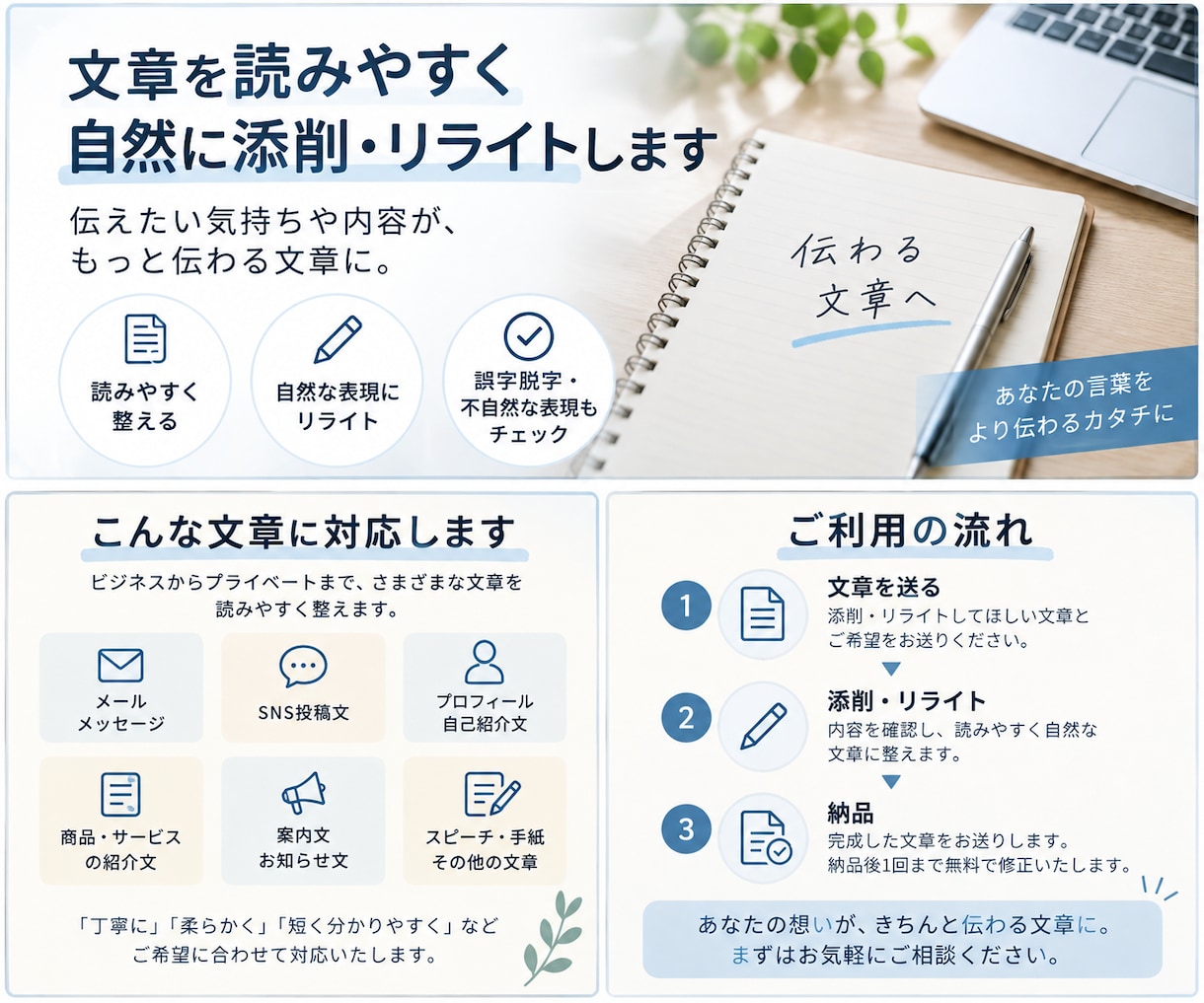 文章を読みやすく自然に添削・リライトしますます 読みにくい文章を伝わりやすく丁寧に整えます イメージ1