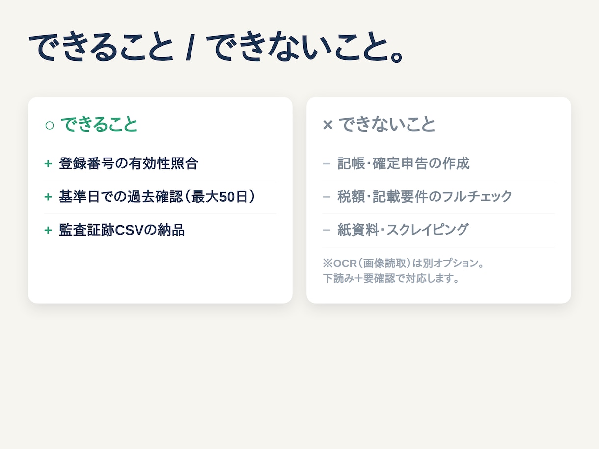 インボイスT番号の失効・取消を毎月一括照合します 複数顧問先のT番号を毎月代行照合。確認証跡で控除否認を防止 イメージ9