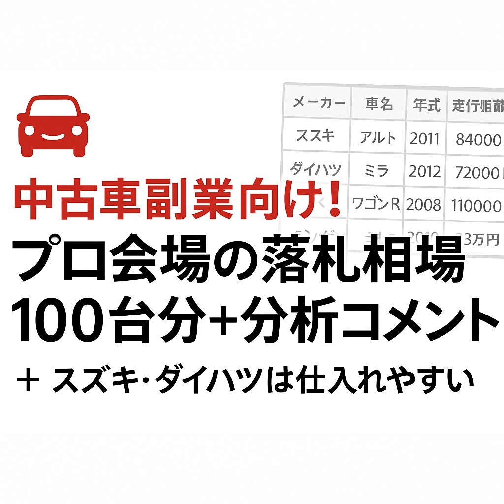 中古車副業向け！プロの落札相場100台分提供します 副業で中古車販売!!プロの相場データで失敗しない仕入れを イメージ1