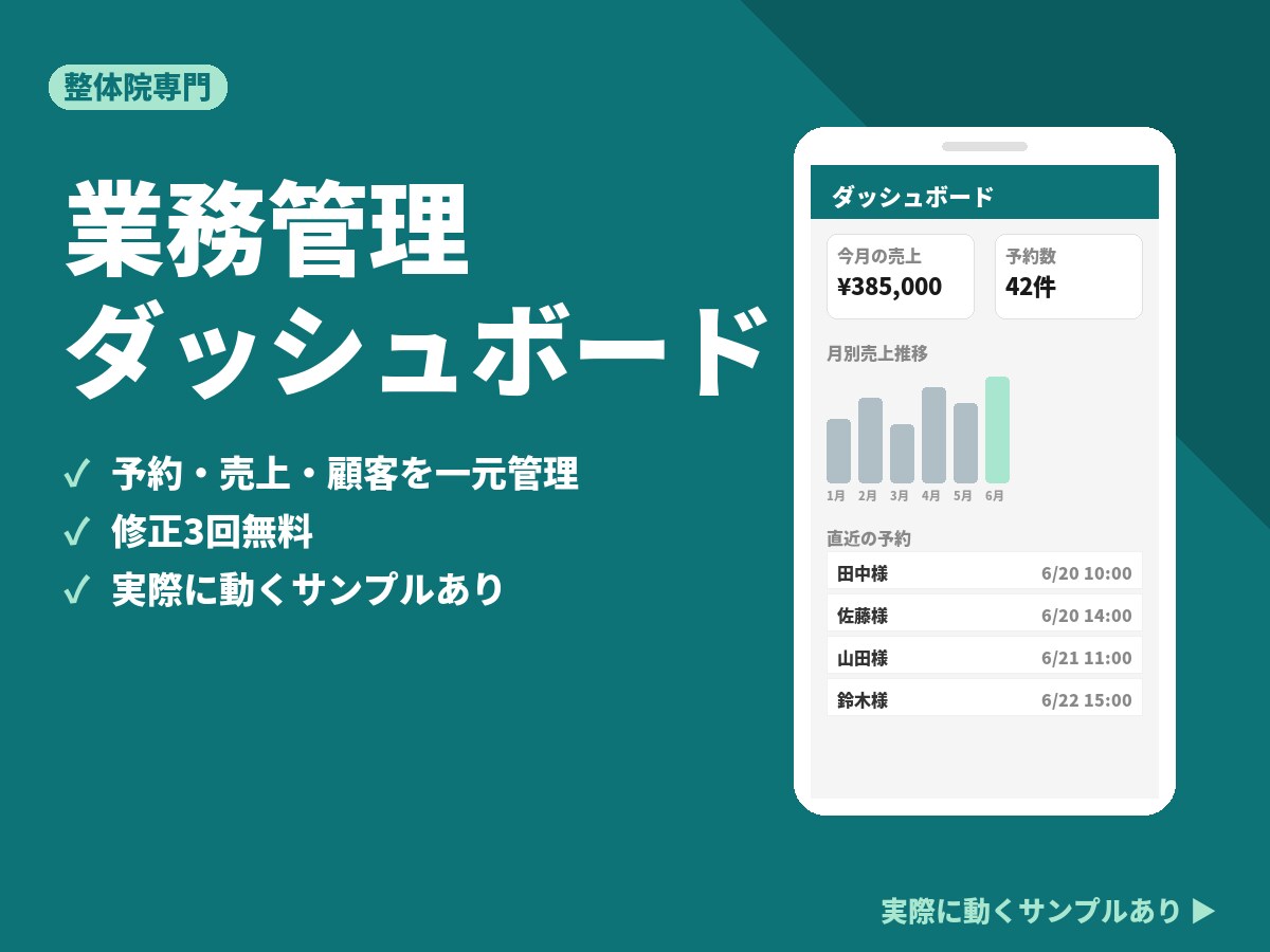 整体院向け業務管理ダッシュボードを構築します 予約・売上・顧客データをひと目で管理 イメージ1