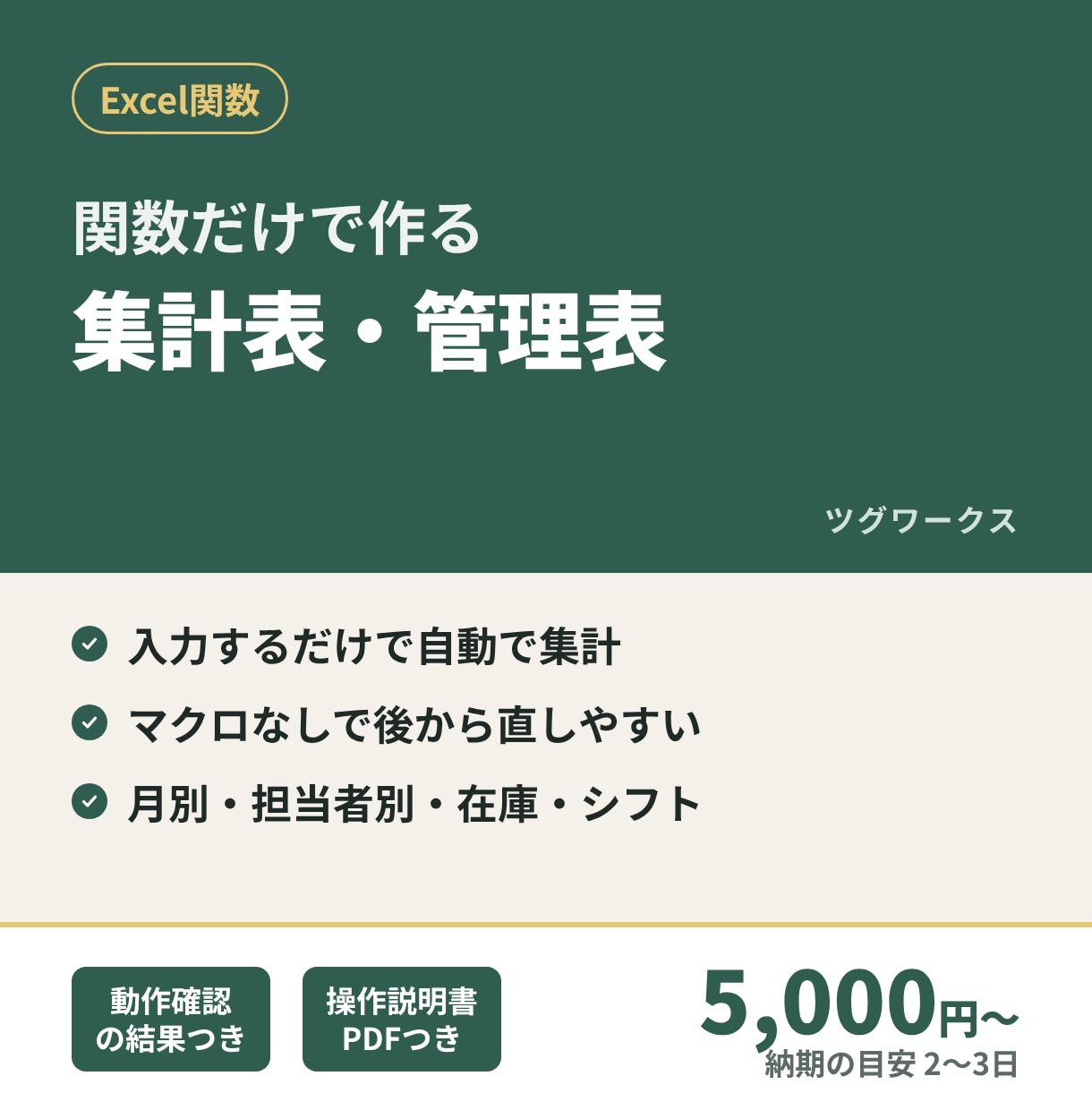 Excel・スプレッドシートの集計表を作ります 入力するだけで自動で集計。マクロなしで後から直しやすい イメージ1