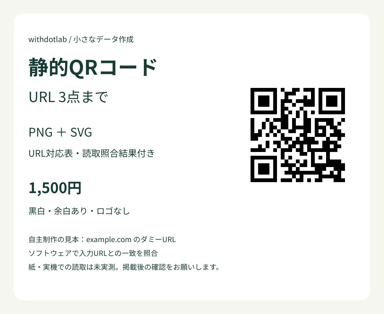 URLから静的QRコードを3点まで作ります PNG・SVGと読取チェック表をまとめて納品 イメージ1