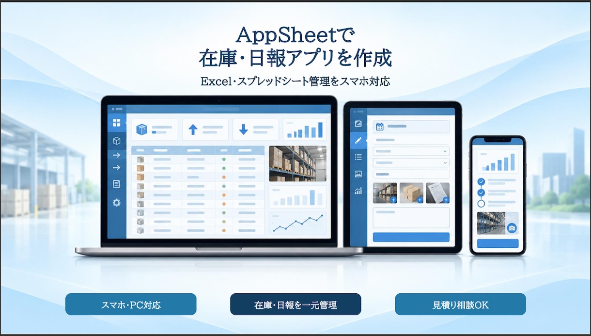 AppSheetで在庫・日報アプリを作ります 在庫・日報管理をスマホ対応アプリに変えます イメージ1