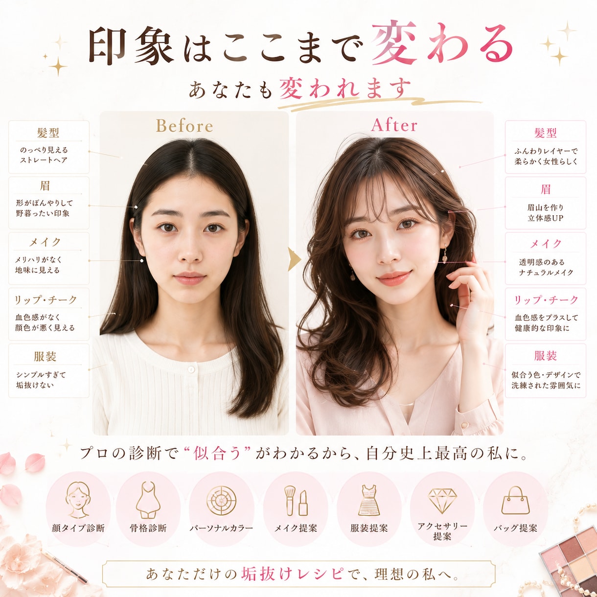 垢抜けレシピ｜顔タイプ・骨格・カラー診断をします 髪型・メイク・服まで全部わかる✨あなただけの垢抜けレシピ！ イメージ4