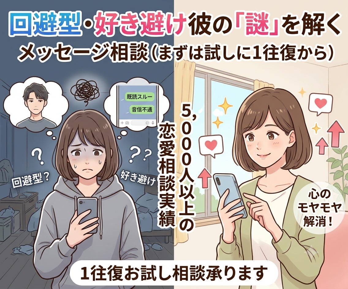 回避型のお相手とのお悩みメッセージ相談します メッセージ相談です、まずは気軽に♪１往復から承ります。 イメージ1
