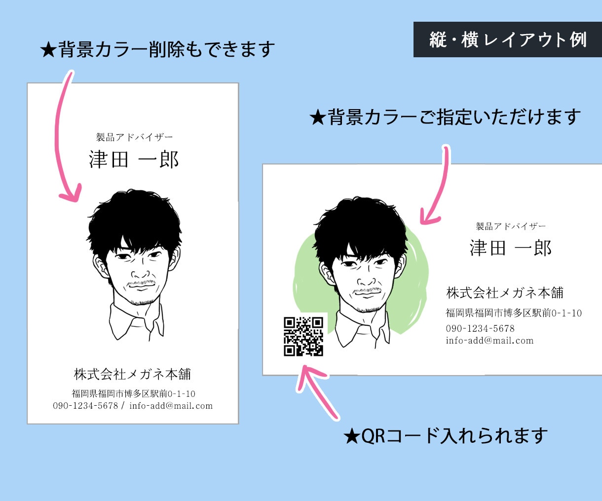 似てるのにかっこいい似顔絵と名刺をセットで作ります 名刺ではなく、SNSヘッダーのデザイン制作に変更も可能 イメージ5