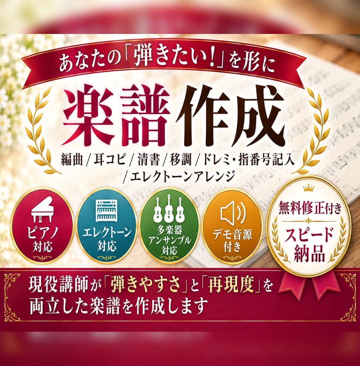 編曲／移調／耳コピ／清書／エレクトーン編曲します 音声つきで簡単確認♪レベルにぴったりのアレンジが得意です！ イメージ1