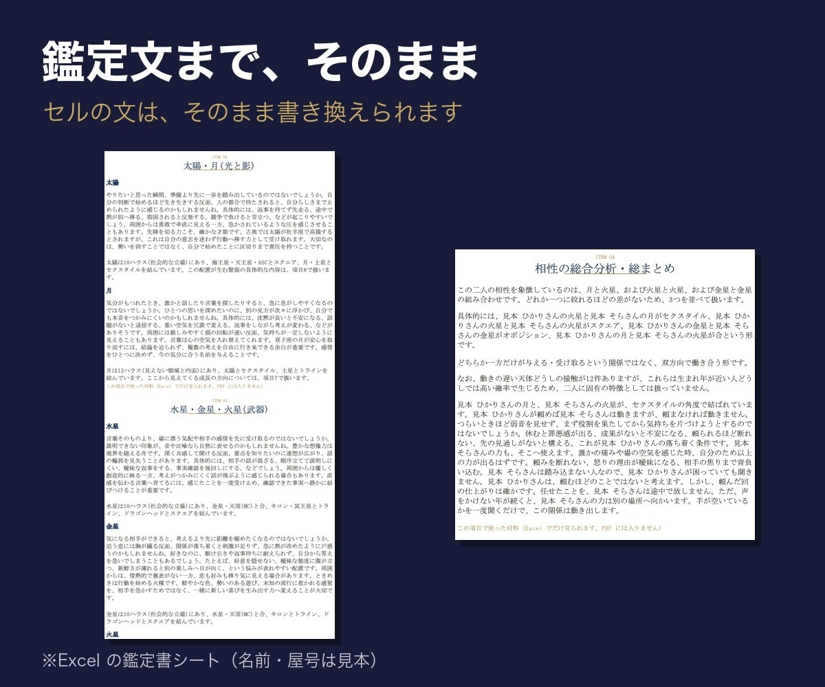 屋号入りの西洋占星術鑑定書Excelを提供します 占い師さん向け。ホロスコープと鑑定文をPDFで渡せます イメージ7