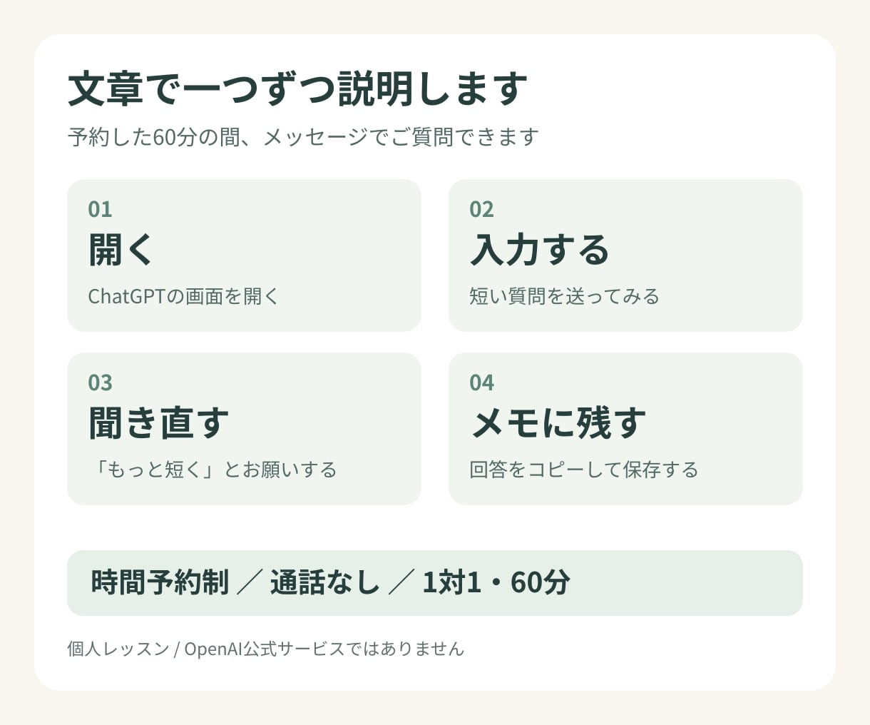 ChatGPTの使い方をメッセージで教えます 通話なし。予約した60分間に文章で一つずつ説明 イメージ2