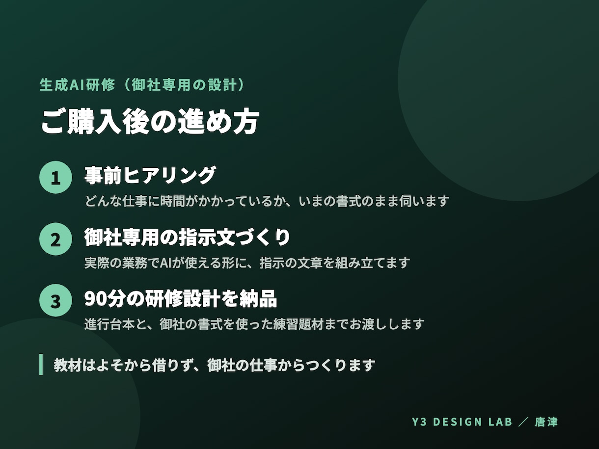 生成AI研修を御社の見積書や日報で設計します よそで作った教材は使いません。御社の仕事で イメージ2