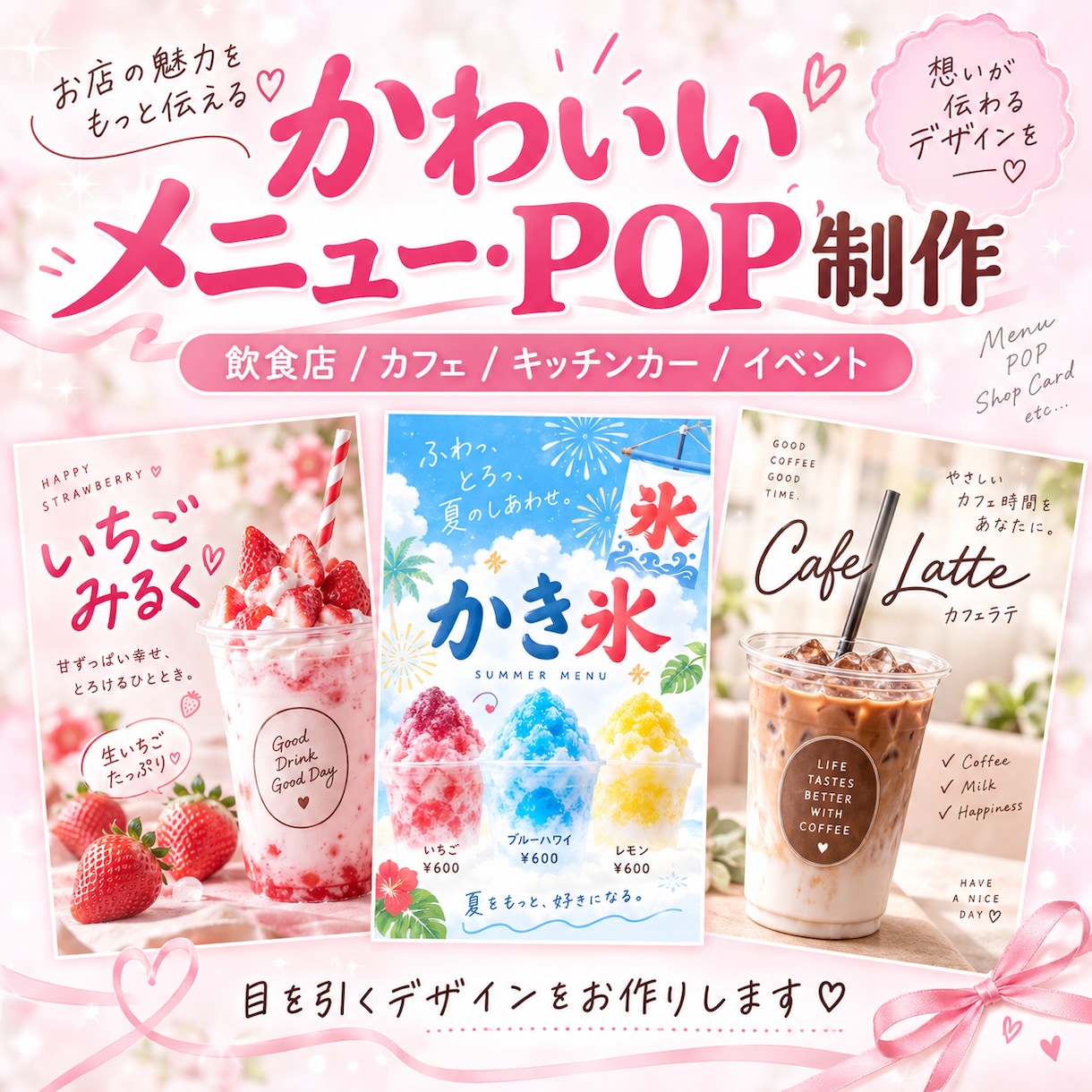目を引く飲食店メニュー・POPを作成します かわいい・華やか・韓国風などご希望に合わせて制作します イメージ1