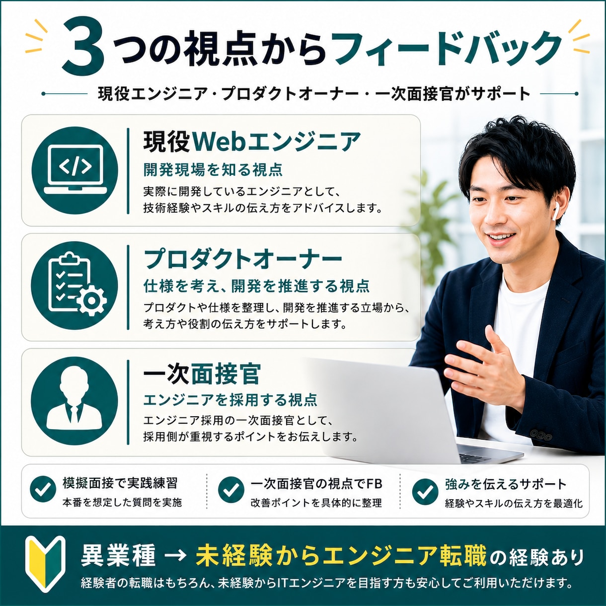 現役エンジニア・面接官がIT転職の模擬面接します 一次面接官の視点から回答・アピール方法をフィードバック イメージ3